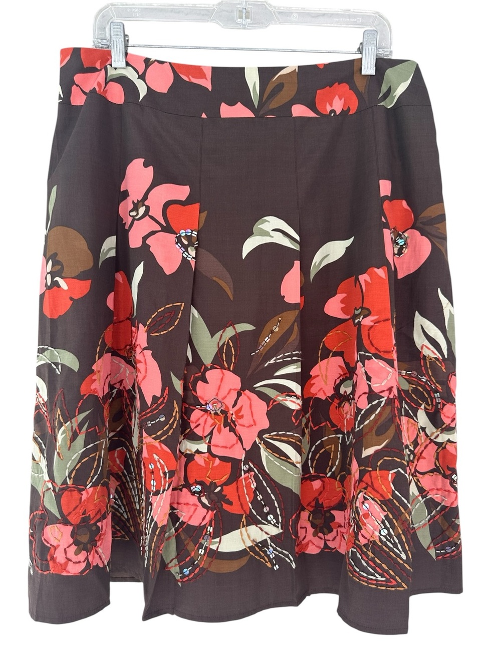 Talbots Brown Pleated Circle Skirt with Pink Embroidered Beaded Floral Print, 16 - Picture 2 of 13